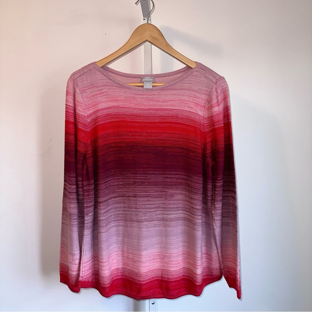 Chico’s Striped Ombre Sweater Pullover Size Large Red Pink Cotton Blend